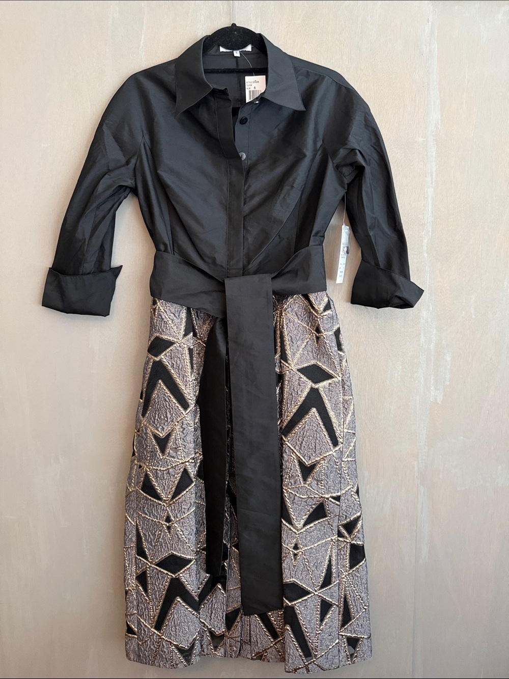 Teri Jon Black Dress with Metallic Grey/Gold Geometric Skirt